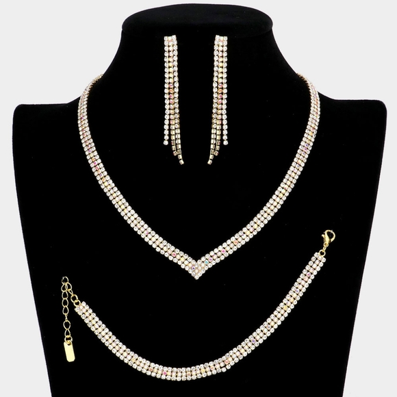 iFashionBox Jewelry - Gold 3 Piece Pave Crystal Necklace Jewelry Set Formal Fashion Statement Fancy